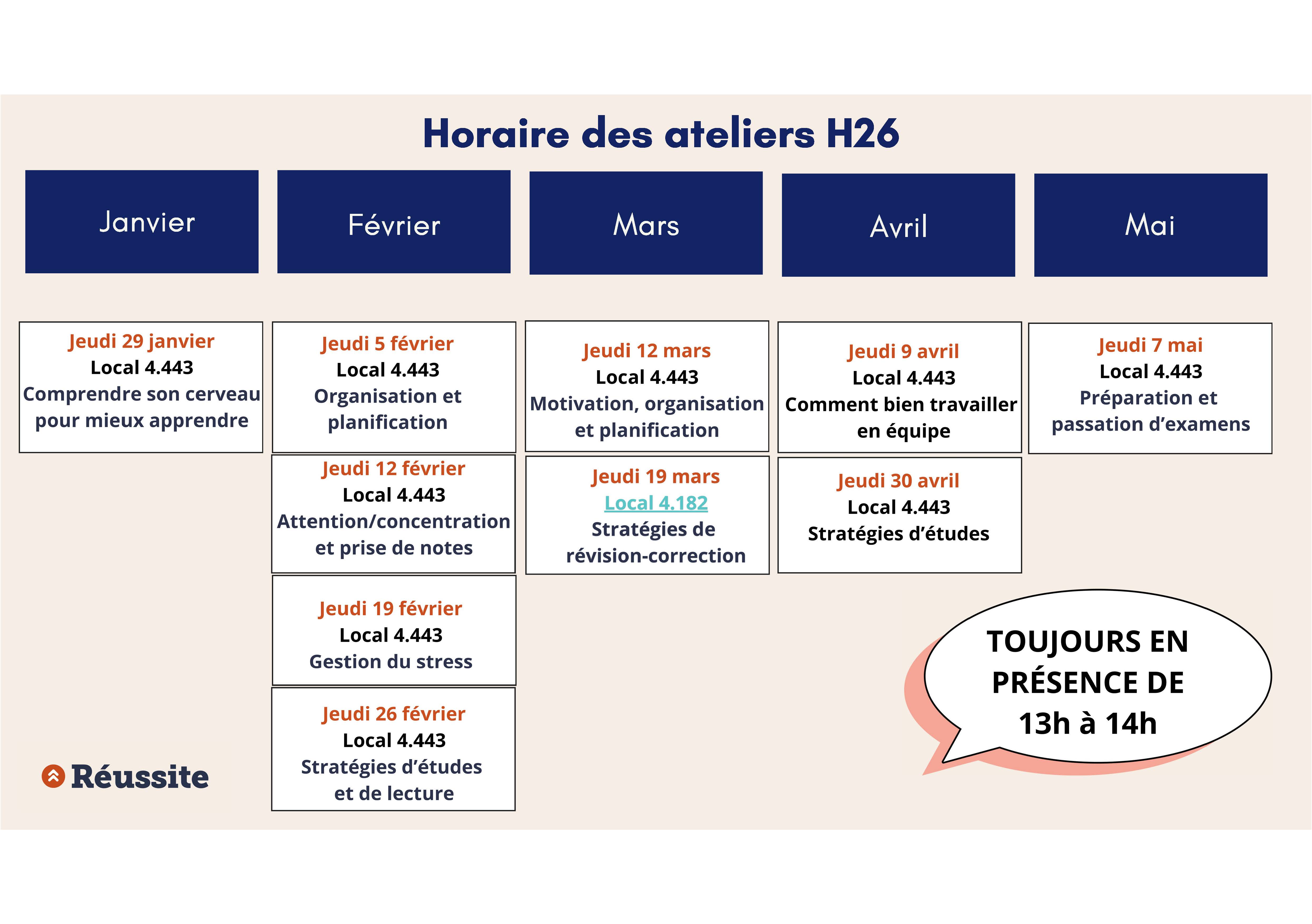 Horaire des ateliers H26